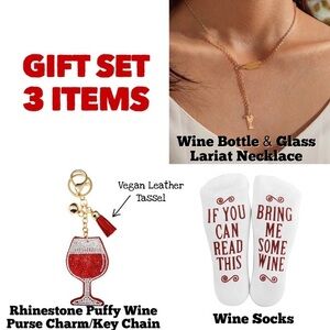 Gold Lariat Wine Necklace, Wine Socks & Rhinestone Wine Purse Charm Keychain